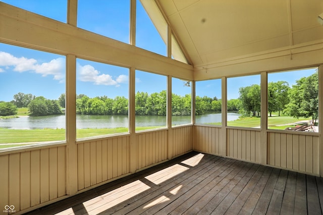 1326 Pebble Brook Dr, Noblesville, IN 46062 - unfurnished sunroom featuring a water view, view of scattered trees, and vaulted ceiling