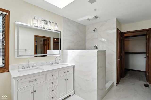 1326 Pebble Brook Dr, Noblesville, IN 46062 - bathroom featuring a walk in shower, double vanity, and marble look tile flooring