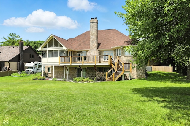 1326 Pebble Brook Dr, Noblesville, IN 46062 - back of property featuring a sunroom, stairs, a deck, a chimney, and stone siding