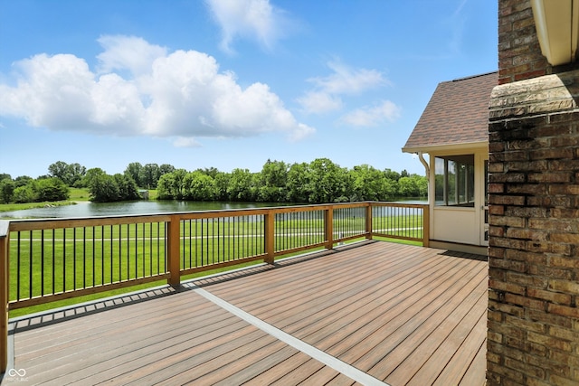 1326 Pebble Brook Dr, Noblesville, IN 46062 - wooden terrace with a water view, a yard, and view of scattered trees