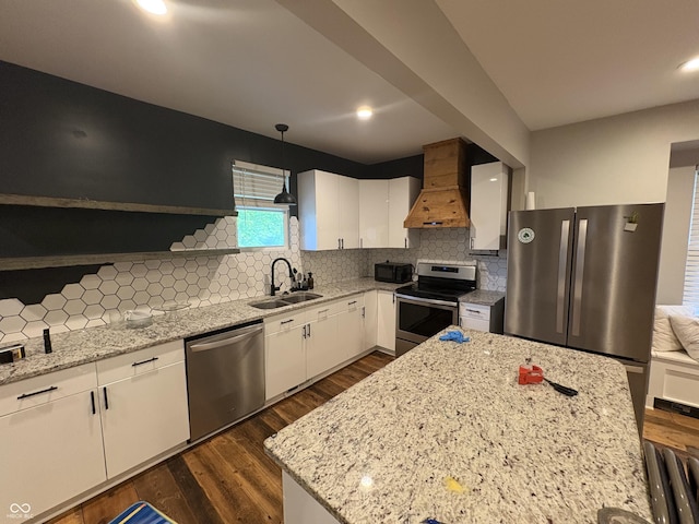 917 N Rural St, Indianapolis, IN 46201 - kitchen featuring appliances with stainless steel finishes, open shelves, white cabinetry, dark wood-style flooring, and recessed lighting