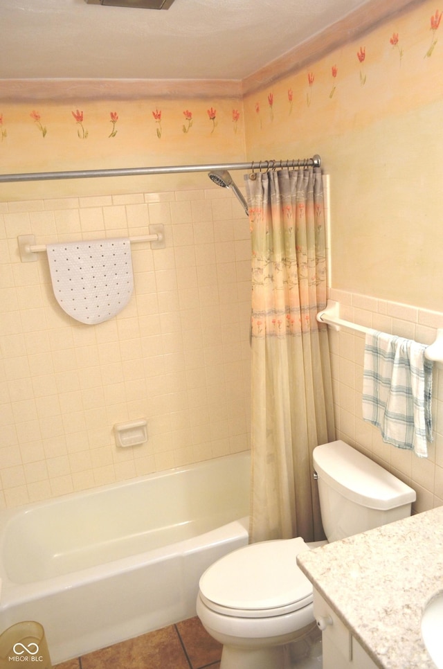 3115 E 400 S, Anderson, IN 46017 - full bathroom featuring vanity, shower / tub combo with curtain, tile patterned flooring, and tile walls