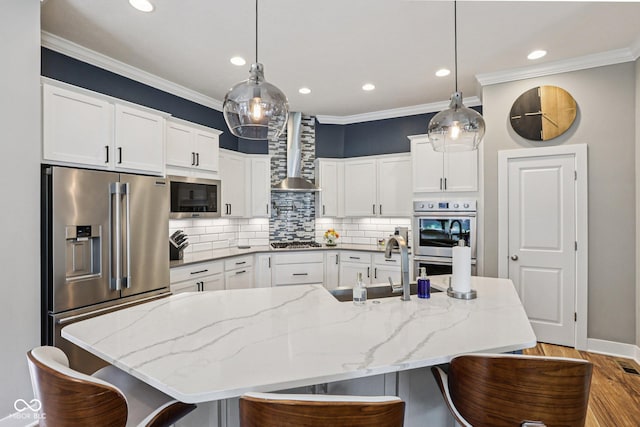 2105 Granville Dr, Westfield, IN 46074 - kitchen with stainless steel appliances, wall chimney exhaust hood, decorative backsplash, dark wood-type flooring, and crown molding