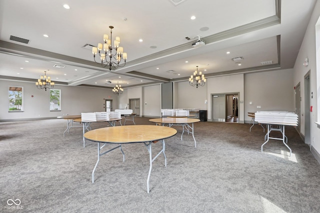 2105 Granville Dr, Westfield, IN 46074 - dining space featuring a chandelier, carpet flooring, recessed lighting, and beamed ceiling