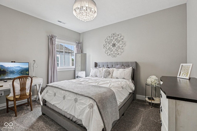 2105 Granville Dr, Westfield, IN 46074 - bedroom featuring dark carpet, an office area, and a chandelier