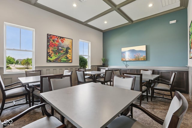 2105 Granville Dr, Westfield, IN 46074 - dining space with wainscoting, recessed lighting, a decorative wall, and coffered ceiling