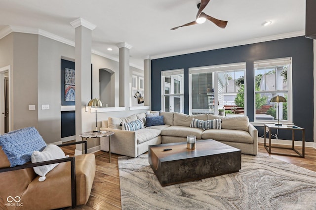 2105 Granville Dr, Westfield, IN 46074 - living room featuring ornamental molding, ornate columns, a ceiling fan, wood finished floors, and recessed lighting