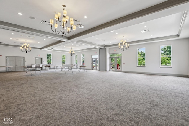 2105 Granville Dr, Westfield, IN 46074 - unfurnished living room featuring a chandelier, carpet flooring, plenty of natural light, recessed lighting, and beamed ceiling