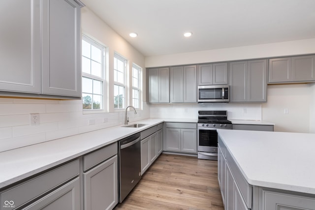 14521 Hanford Ln, Carmel, IN 46074 - kitchen featuring stainless steel appliances, gray cabinets, tasteful backsplash, recessed lighting, and light countertops