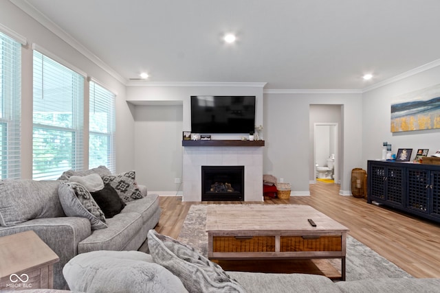15546 Senita Ln, Fishers, IN 46037 - living area with ornamental molding, wood finished floors, recessed lighting, and a tile fireplace