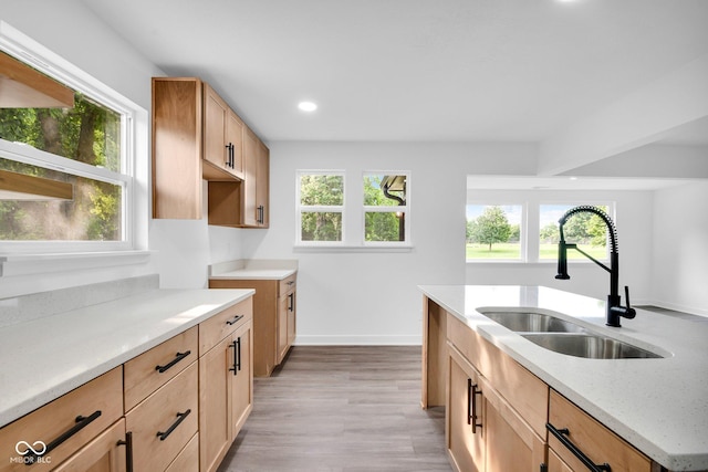 1555 N Dearborn St, Indianapolis, IN 46201 - kitchen featuring healthy amount of natural light, light stone counters, light wood-style floors, recessed lighting, and light brown cabinetry