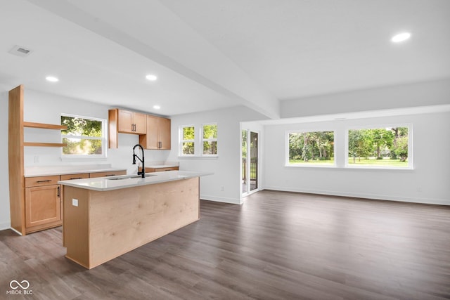 1555 N Dearborn St, Indianapolis, IN 46201 - kitchen featuring a kitchen island with sink, open shelves, light countertops, plenty of natural light, and recessed lighting