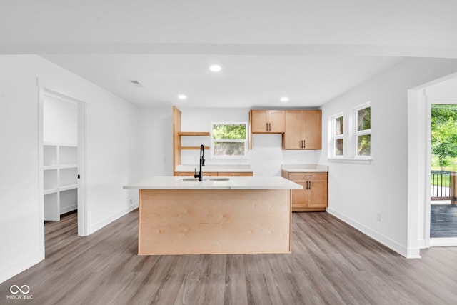 1555 N Dearborn St, Indianapolis, IN 46201 - kitchen with light wood finished floors, a kitchen island with sink, light countertops, plenty of natural light, and recessed lighting