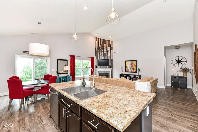 561 Farnham Dr, Westfield, IN 46074 - kitchen featuring stainless steel dishwasher, wood finished floors, decorative light fixtures, and high vaulted ceiling