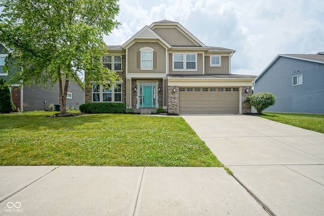 6471 W Clearview Dr, Mccordsville, IN 46055 - view of front of home with a garage, concrete driveway, a front yard, stucco siding, and stone siding