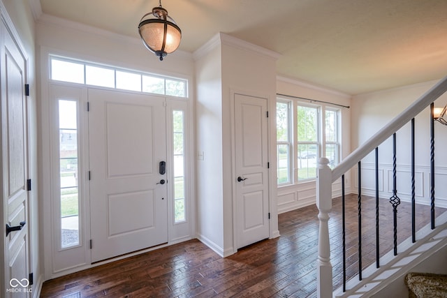 6471 W Clearview Dr, Mccordsville, IN 46055 - foyer with dark wood-style flooring, stairway, and crown molding