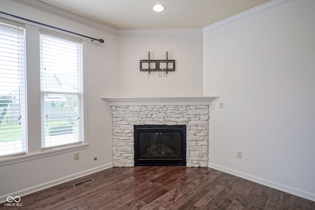 6471 W Clearview Dr, Mccordsville, IN 46055 - detailed view of a stone fireplace, wood finished floors, and crown molding