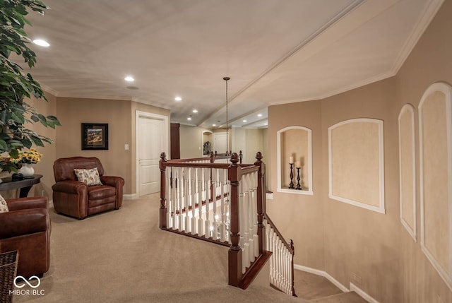 3104 E Chase Ln E, Bloomington, IN 47401 - hallway featuring an upstairs landing, recessed lighting, crown molding, and carpet flooring