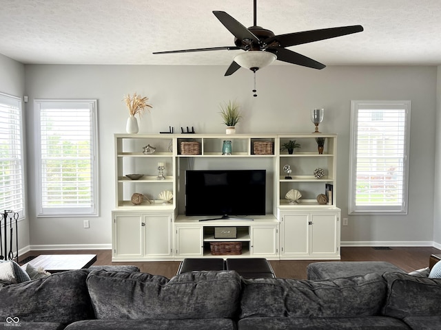 13895 Cloverfield Cir, Fishers, IN 46038 - living area featuring dark wood-type flooring, a ceiling fan, and a textured ceiling