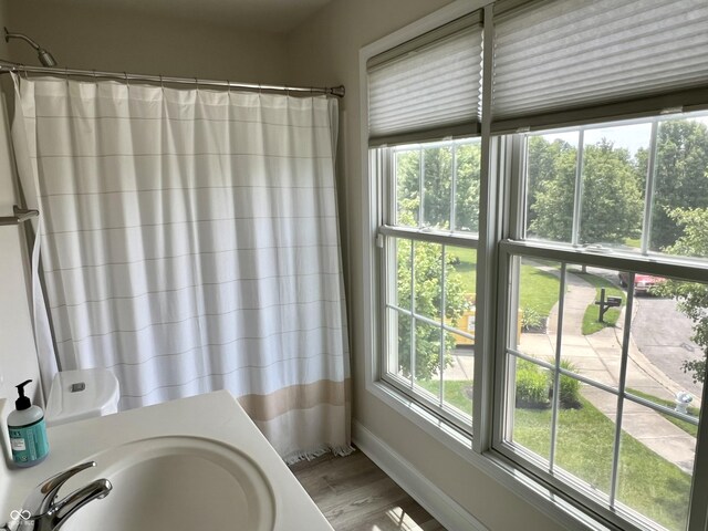 13895 Cloverfield Cir, Fishers, IN 46038 - bathroom with wood finished floors and a shower with curtain