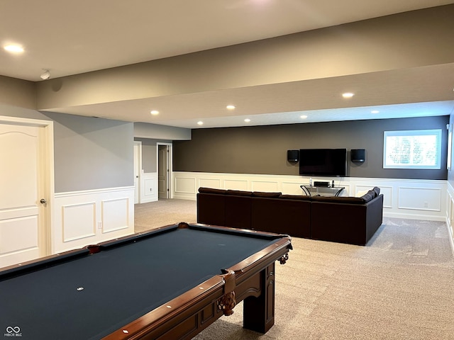 13895 Cloverfield Cir, Fishers, IN 46038 - recreation room featuring light carpet, a wainscoted wall, a decorative wall, billiards table, and recessed lighting