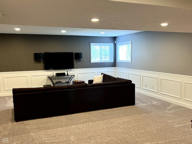 13895 Cloverfield Cir, Fishers, IN 46038 - living room featuring recessed lighting, carpet floors, a wainscoted wall, and a decorative wall