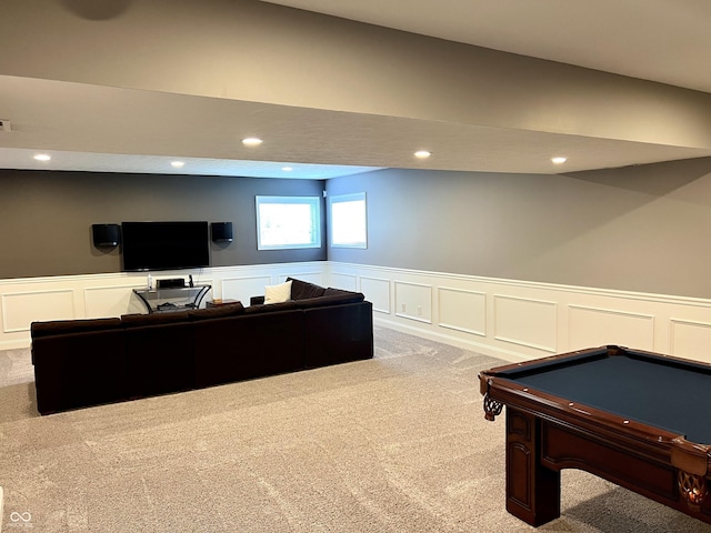 13895 Cloverfield Cir, Fishers, IN 46038 - recreation room featuring carpet flooring, a decorative wall, wainscoting, recessed lighting, and pool table