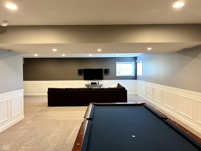 13895 Cloverfield Cir, Fishers, IN 46038 - rec room featuring a decorative wall, recessed lighting, a wainscoted wall, light colored carpet, and billiards table