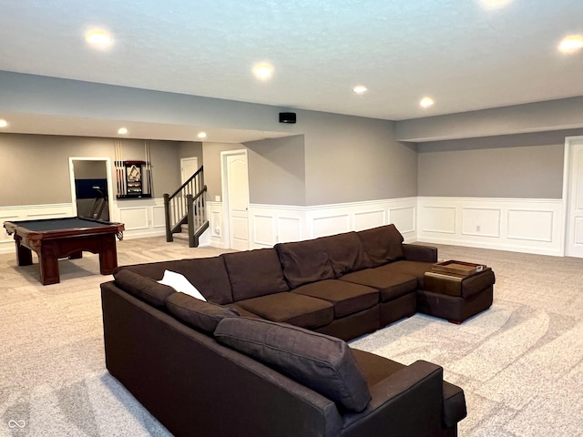 13895 Cloverfield Cir, Fishers, IN 46038 - living room featuring light carpet, a decorative wall, pool table, a wainscoted wall, and recessed lighting