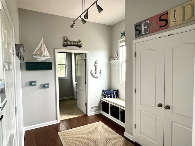 13895 Cloverfield Cir, Fishers, IN 46038 - mudroom featuring dark wood finished floors and baseboards