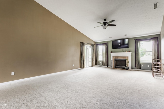 3872 Dusty Sands Rd, Whitestown, IN 46075 - unfurnished living room featuring ceiling fan, a fireplace, carpet floors, and high vaulted ceiling