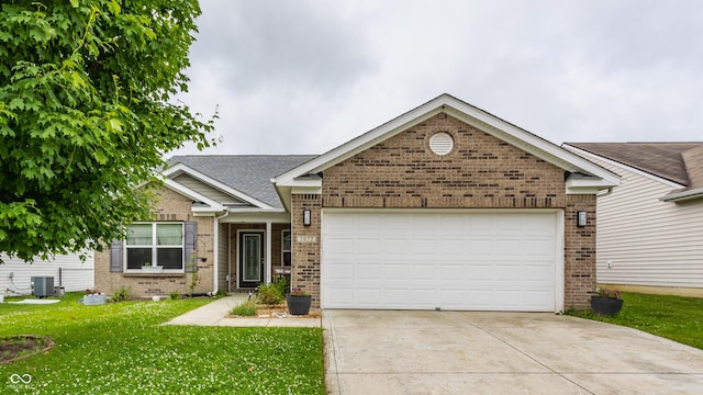 3872 Dusty Sands Rd, Whitestown, IN 46075 - ranch-style house featuring brick siding, concrete driveway, a front lawn, a garage, and a shingled roof