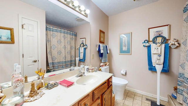 1067 Acadia Ct, Indianapolis, IN 46217 - full bath with vanity, tile patterned floors, a textured ceiling, and a shower with shower curtain