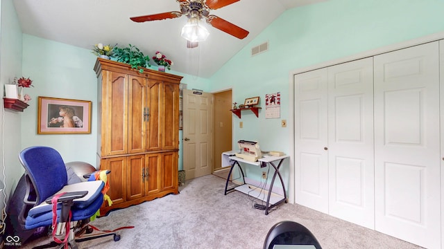 1067 Acadia Ct, Indianapolis, IN 46217 - living area with vaulted ceiling, light carpet, ceiling fan, and a desk