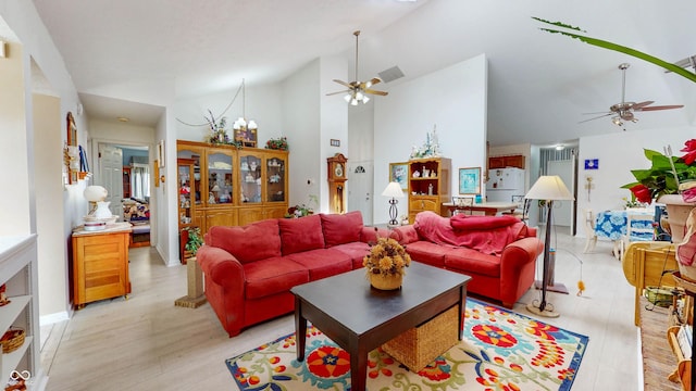 1067 Acadia Ct, Indianapolis, IN 46217 - living area with ceiling fan, light wood-type flooring, and high vaulted ceiling