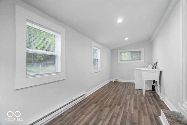 4310 Crittenden Ave, Indianapolis, IN 46205 - laundry room with baseboard heating, dark wood finished floors, and recessed lighting