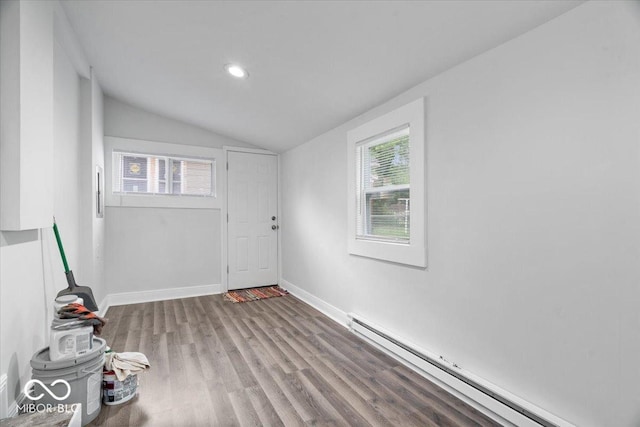 4310 Crittenden Ave, Indianapolis, IN 46205 - entryway with a baseboard radiator, vaulted ceiling, wood finished floors, and recessed lighting