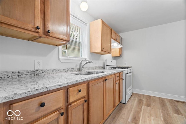 4310 Crittenden Ave, Indianapolis, IN 46205 - kitchen featuring gas range gas stove, under cabinet range hood, light wood finished floors, and light stone counters