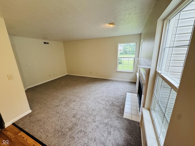 5938 Tybalt Ln, Indianapolis, IN 46254 - spare room with carpet floors, a textured ceiling, and a tile fireplace