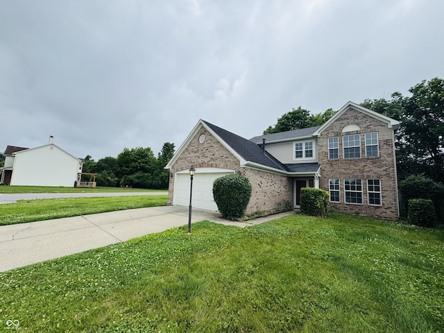 5938 Tybalt Ln, Indianapolis, IN 46254 - traditional-style home featuring brick siding, concrete driveway, an attached garage, and a front yard