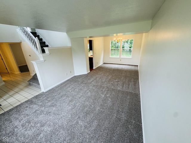 5938 Tybalt Ln, Indianapolis, IN 46254 - unfurnished living room featuring a chandelier, carpet, stairs, and tile patterned floors