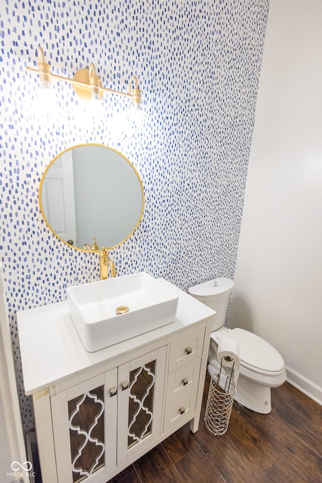 7493 W Lane Rd, Mccordsville, IN 46055 - half bath with wood finished floors, vanity, and wallpapered walls