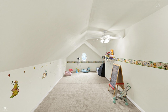 6050 Acorn Dr, Columbus, IN 47201 - playroom featuring a ceiling fan, carpet floors, and lofted ceiling