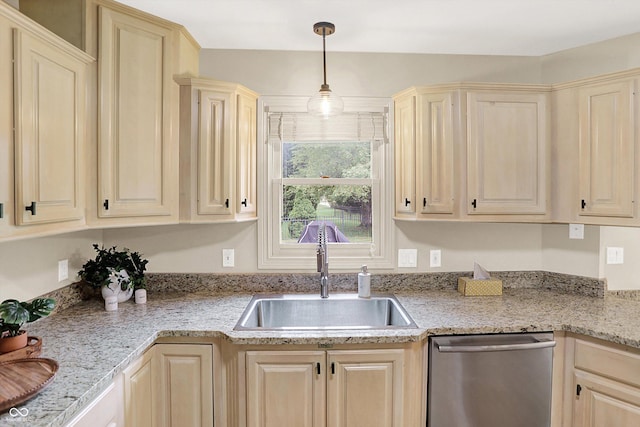 6050 Acorn Dr, Columbus, IN 47201 - kitchen featuring dishwasher, pendant lighting, light brown cabinetry, and light stone counters