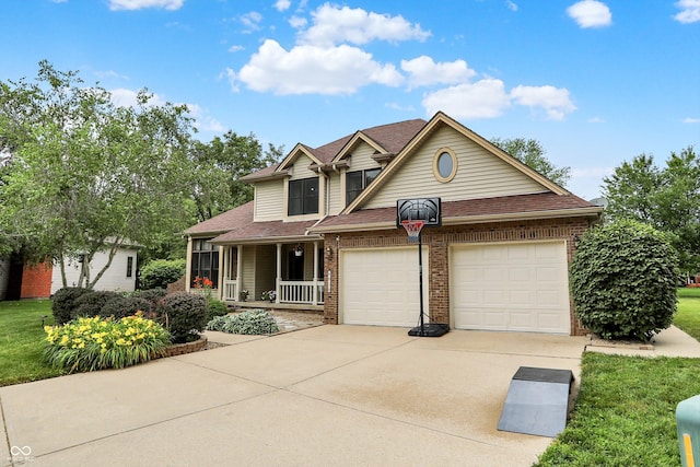 6050 Acorn Dr, Columbus, IN 47201 - traditional-style house featuring a garage, brick siding, a porch, concrete driveway, and a shingled roof