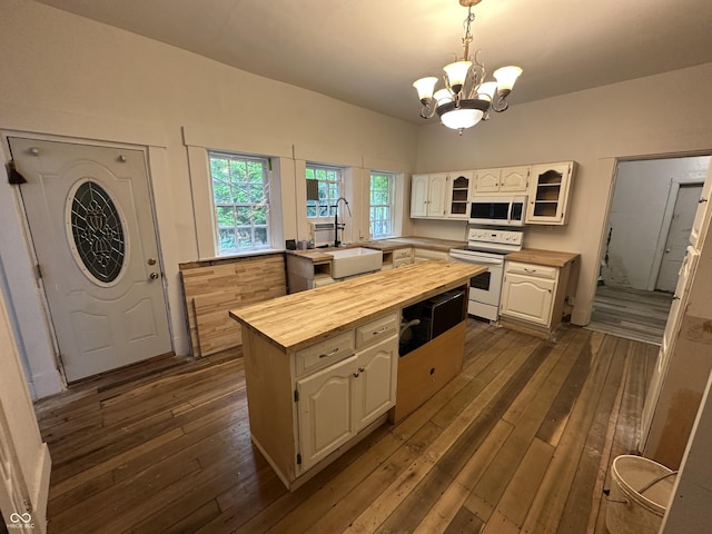 6100 Hodgin Rd, Richmond, IN 47374 - kitchen with wood counters, white appliances, a center island, glass insert cabinets, and dark wood finished floors
