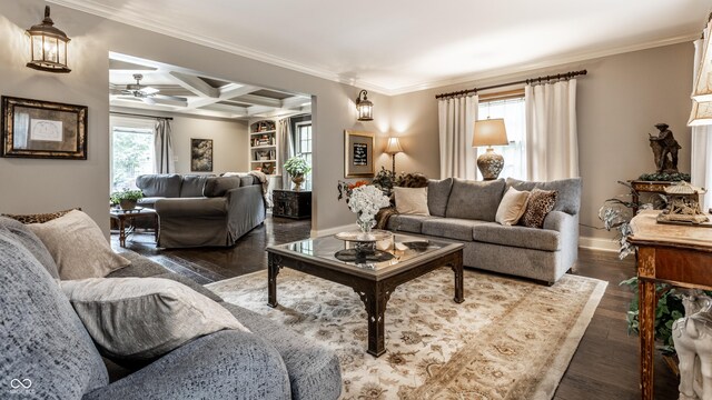 7743 Camelback Dr, Indianapolis, IN 46250 - living area with a ceiling fan, ornamental molding, dark wood-type flooring, coffered ceiling, and beam ceiling