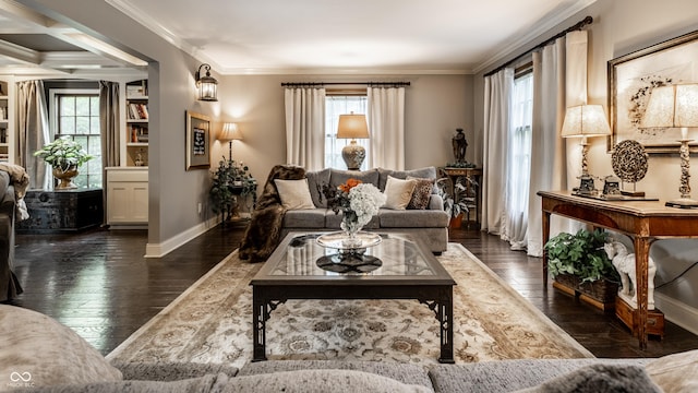 7743 Camelback Dr, Indianapolis, IN 46250 - living room featuring healthy amount of natural light, hardwood / wood-style flooring, and ornamental molding