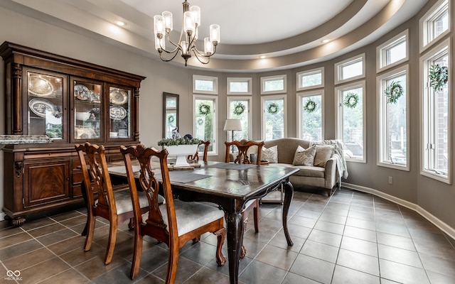 7743 Camelback Dr, Indianapolis, IN 46250 - dining area with plenty of natural light, a chandelier, recessed lighting, tile patterned floors, and a tray ceiling