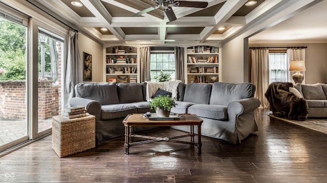 7743 Camelback Dr, Indianapolis, IN 46250 - living area with crown molding, a ceiling fan, hardwood / wood-style flooring, built in shelves, and beam ceiling